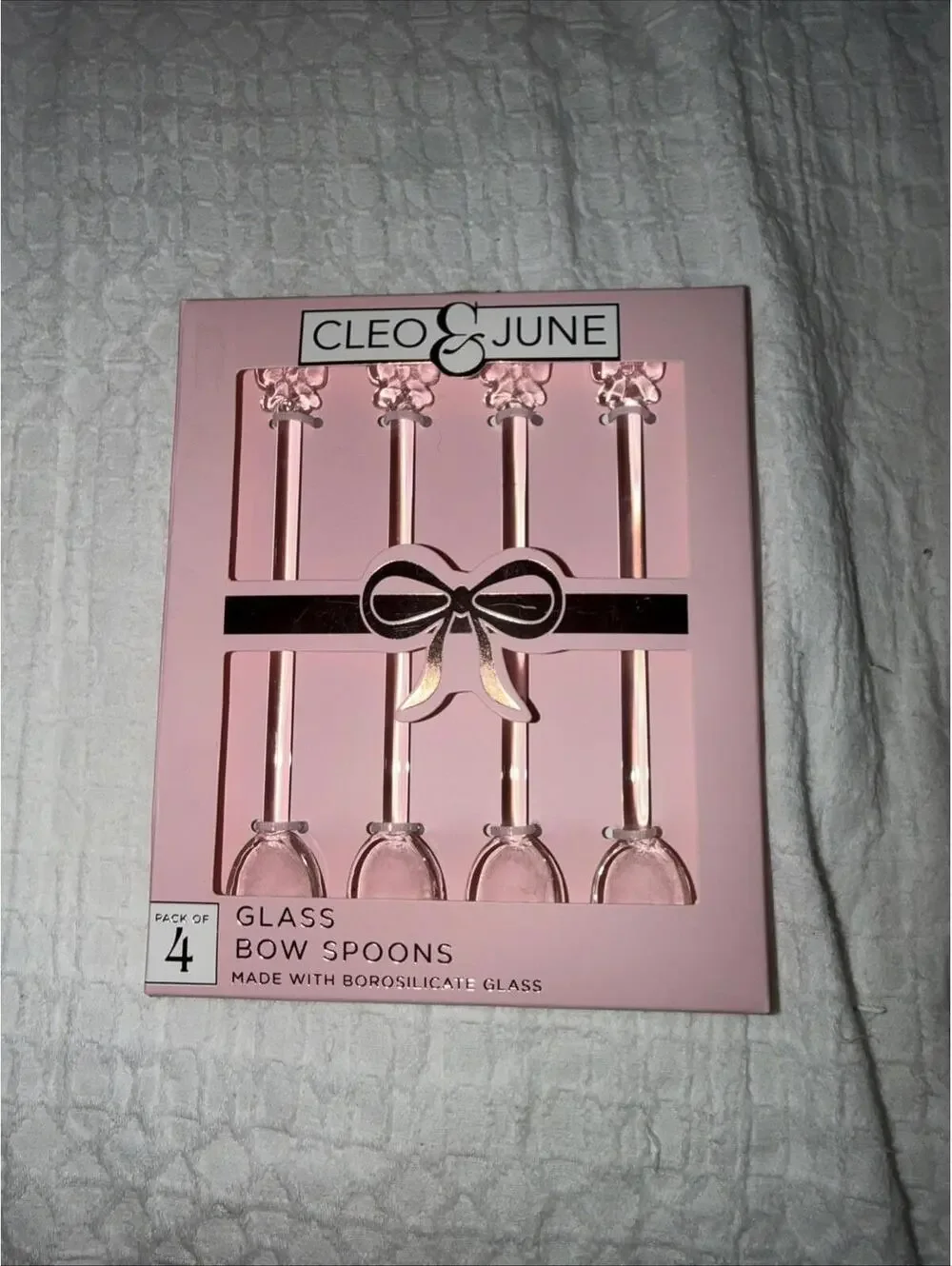 Cleo & June Glass Pink Bow Spoons Set of 4 NEW